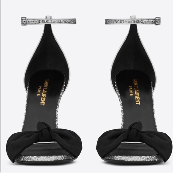 Saint Laurent Silver Glitter Heels with Bow Detail - Picture 4 of 8
